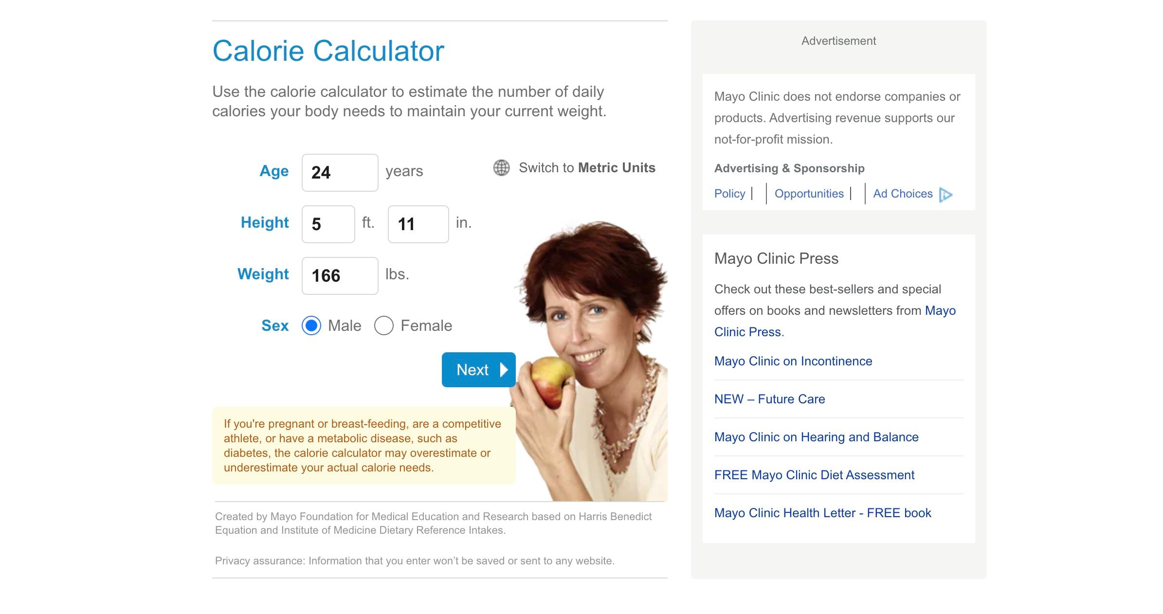 Calorie calculator asking you to input personal information