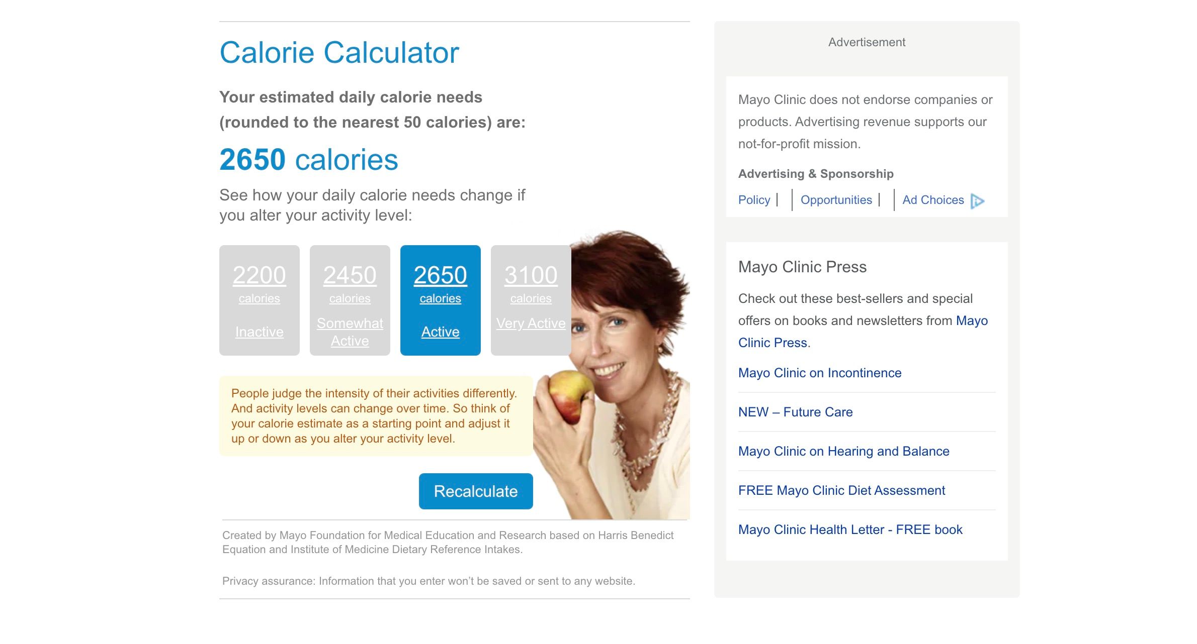 Calorie calculator estimating calorie expenditure