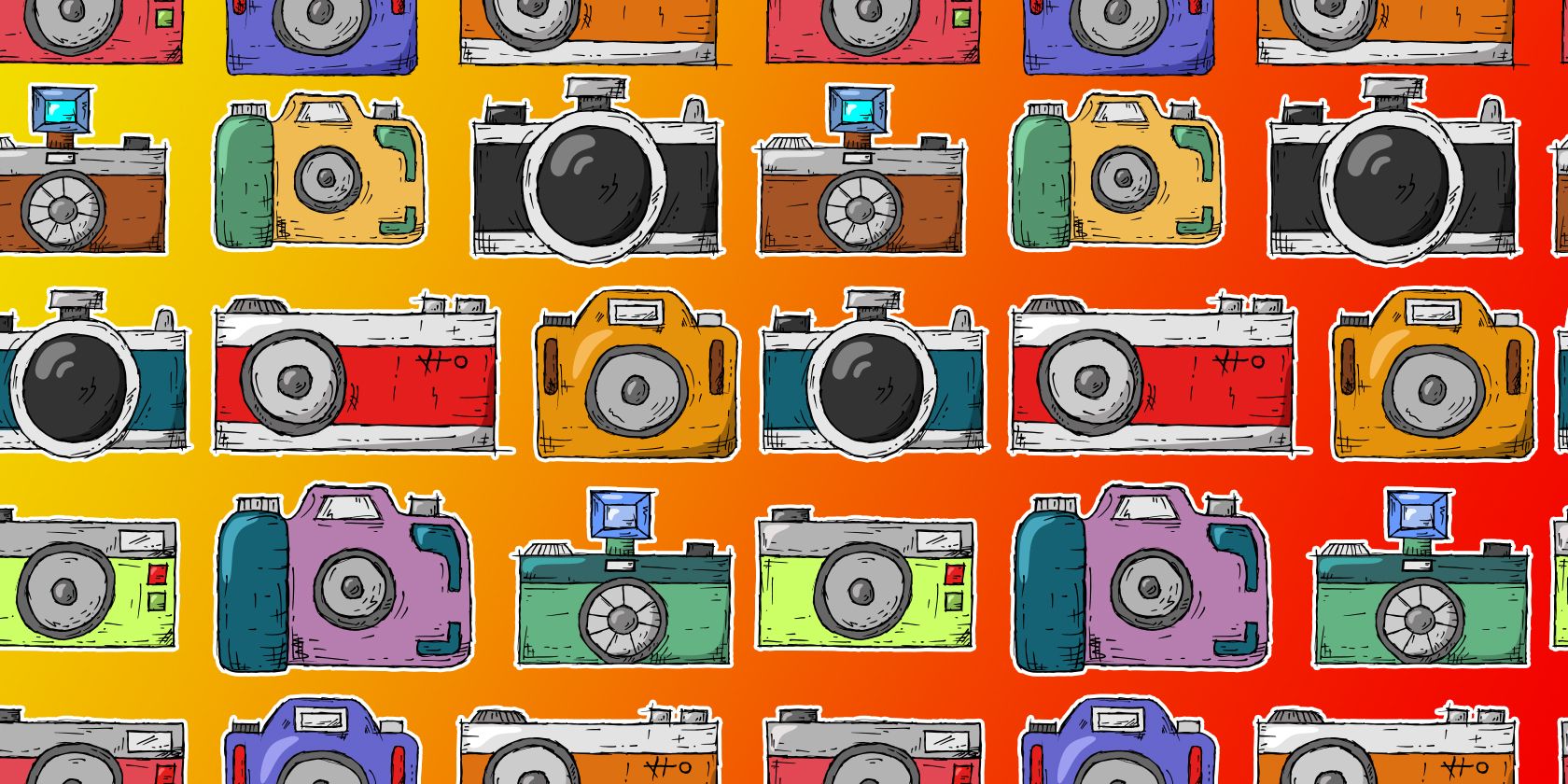 camera illustrations on a red and yellow gradient background