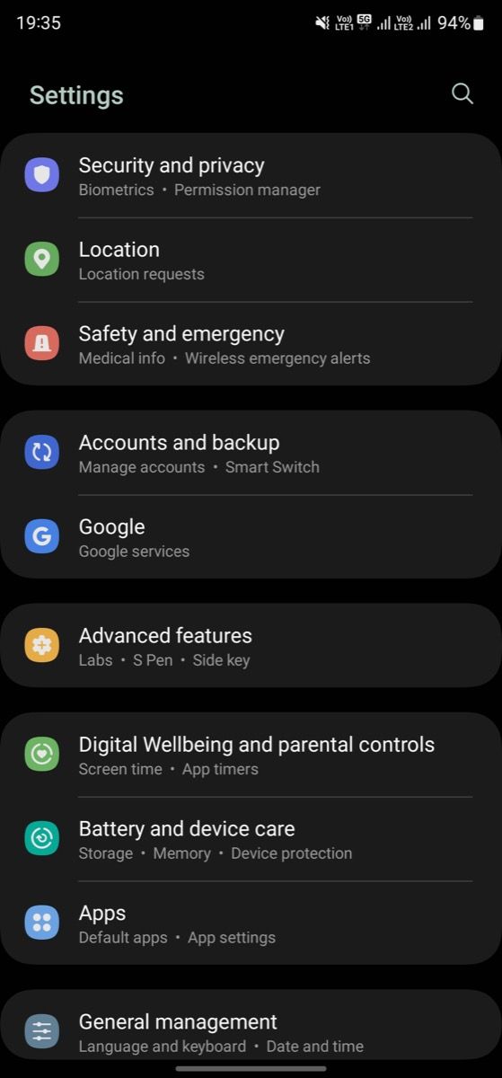 Samsung One UI Settings page