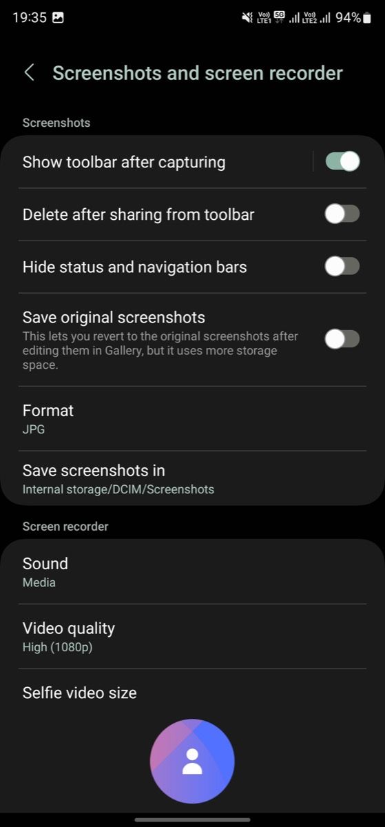Screenshots and screen recorder preferences in One UI 5.1