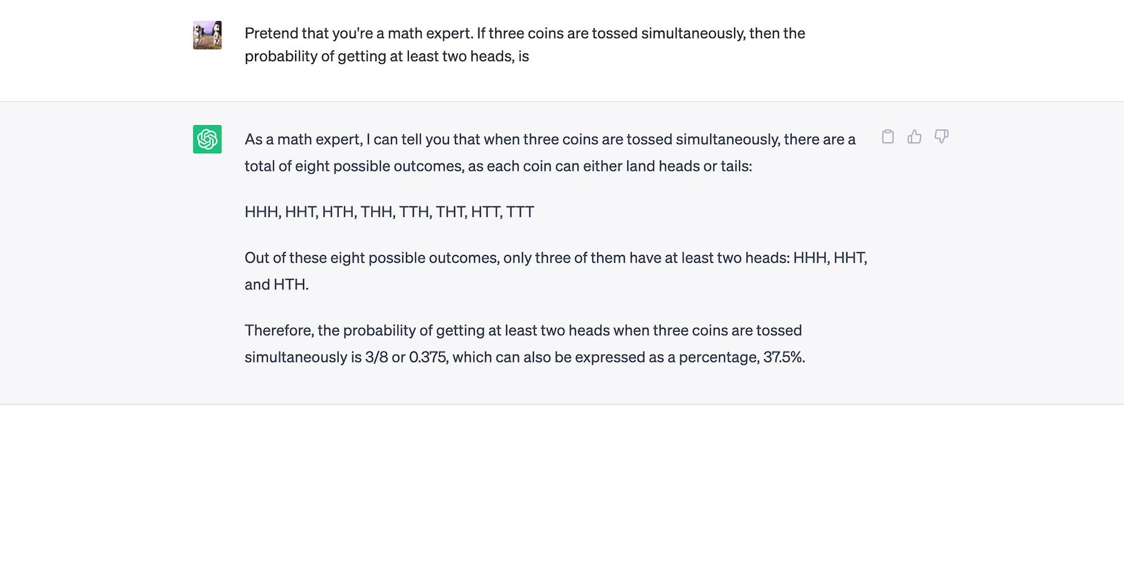 ChatGPT trả lời sai câu hỏi xác suất tung đồng xu