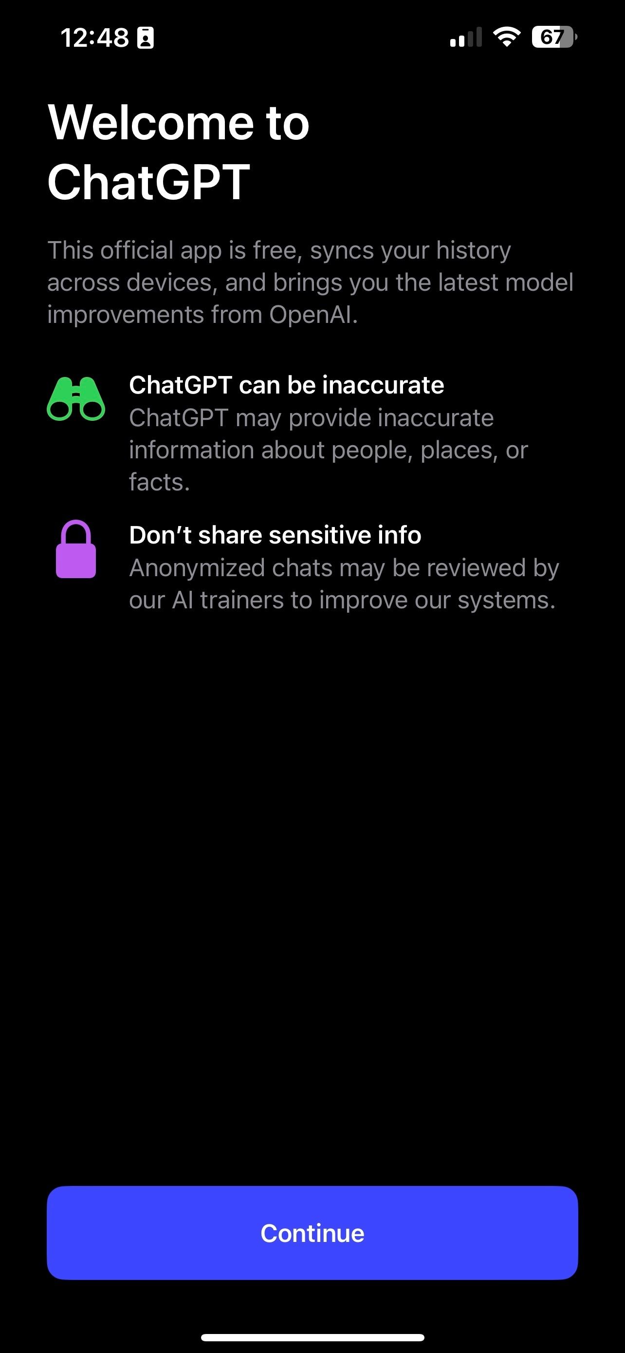 ChatGPT app welcome screen