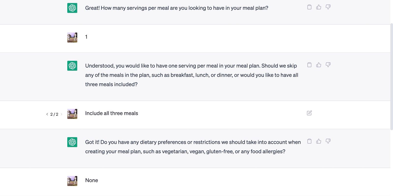 ChatGPT Creating User Profile for Personalized Meal Plan