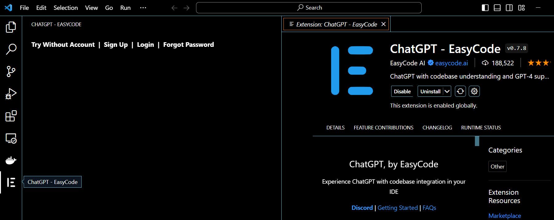Ekstensi ChatGPT di sidebar VS Code
