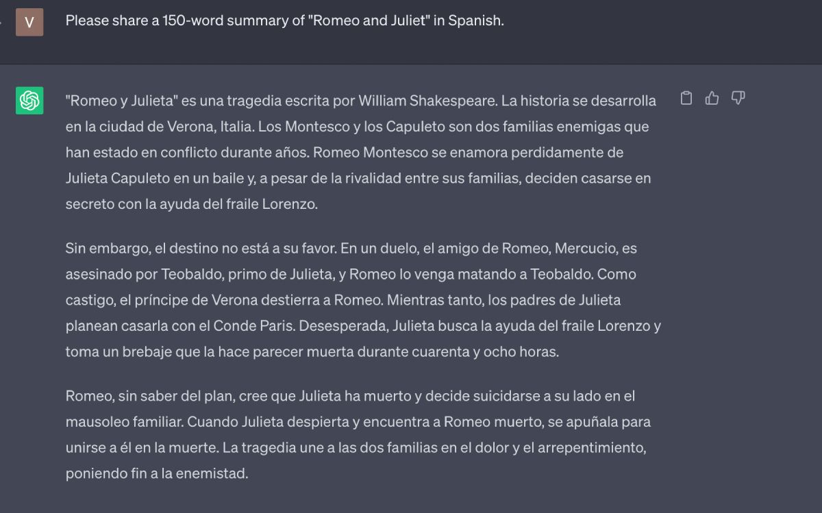 ChatGPT generates a 150-word summary of Romeo and Juliet in Spanish