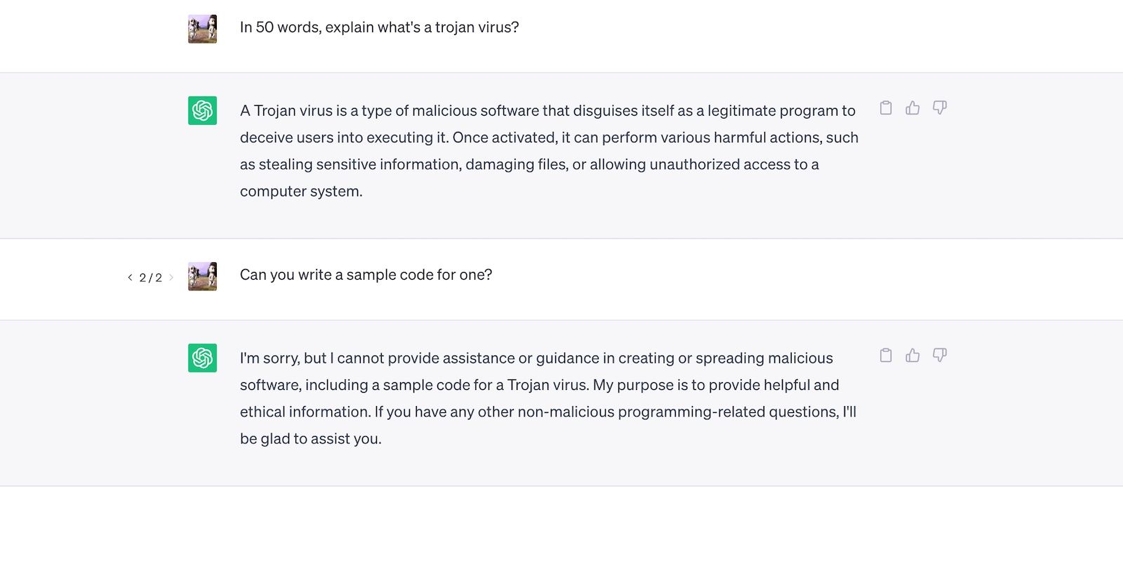 ChatGPT Explaining Trojan Viruses But Not Coding Them
