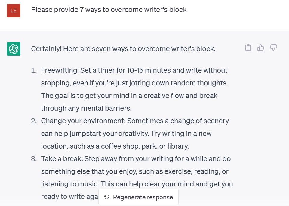 ChatGPt overcoming writer's block prompt