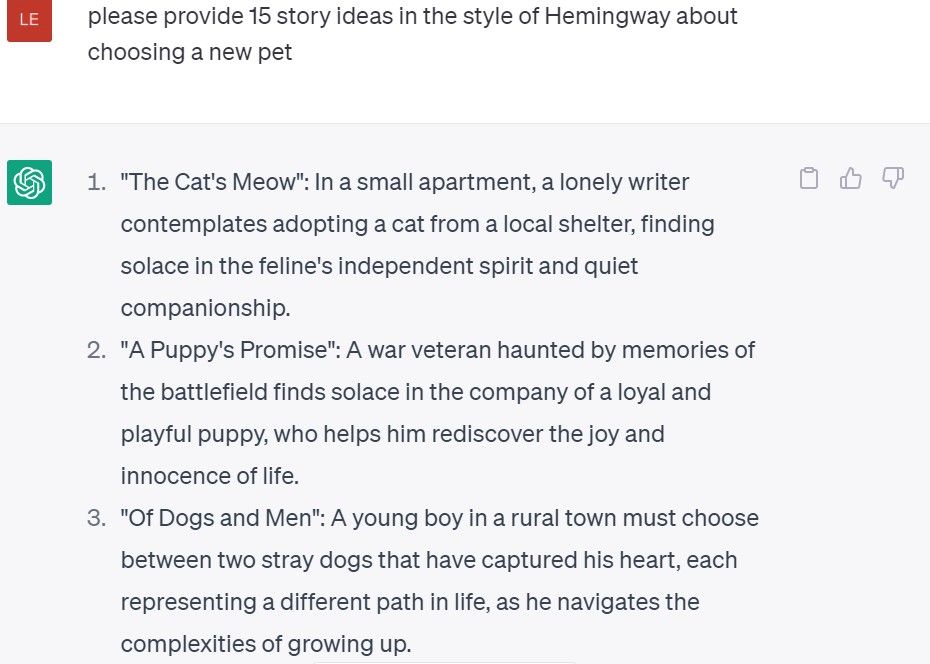 ChatGPT story ideas similar to Hemingway