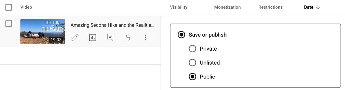 Inside YouTube Studio, visbilitiy settings showing three options: private, unlisted, and public
