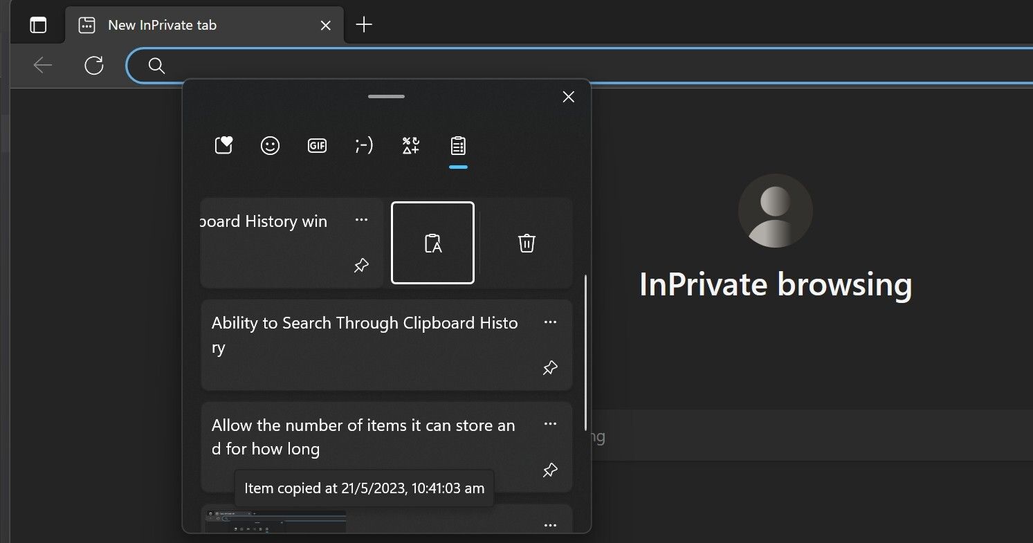 Screenshot showing copy as text in Windows 11 Clipboard history