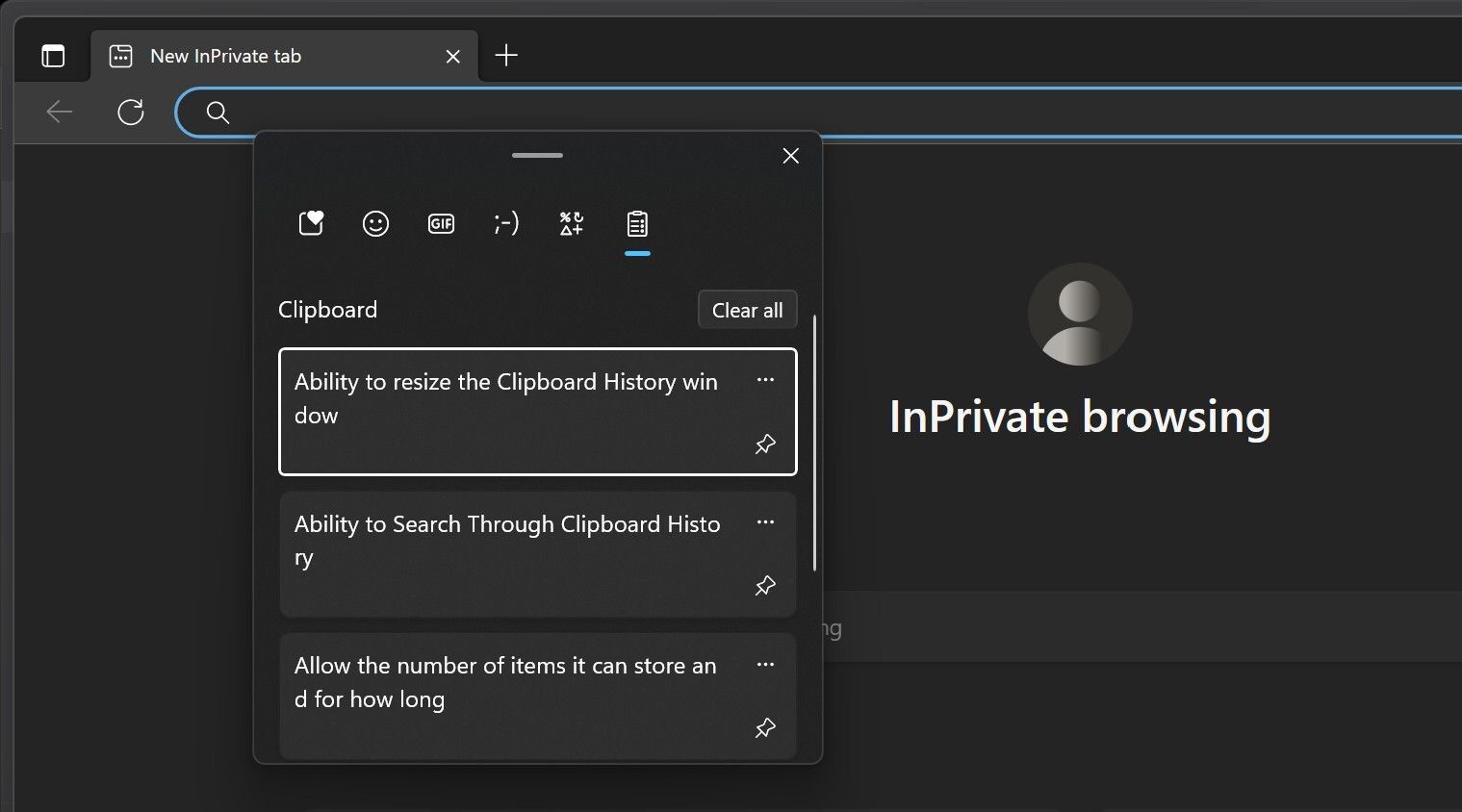 Screenshot showing Clipboard history