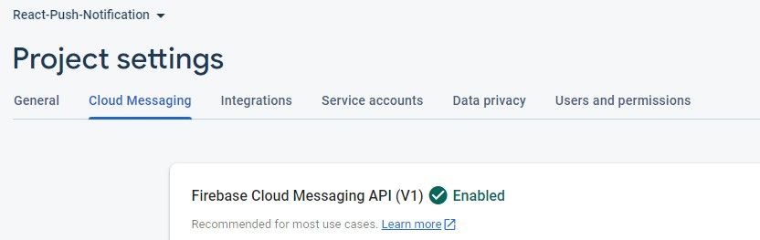 Cloud Messaging menu tab and other tabs on the project settings page on Firebase.