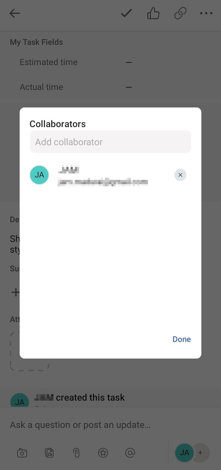 Asana mobile app showing the collaborator function