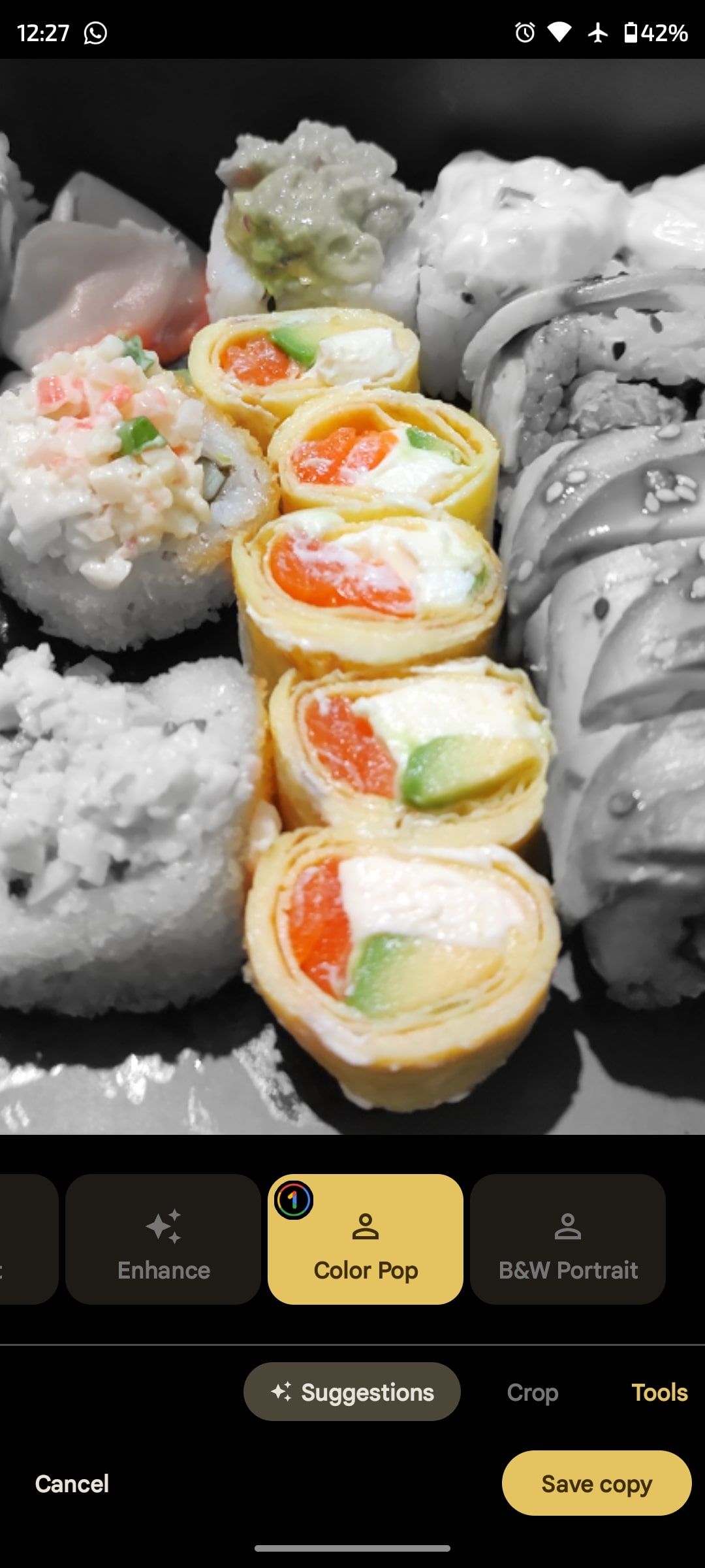 Color pop applied to picture of sushi