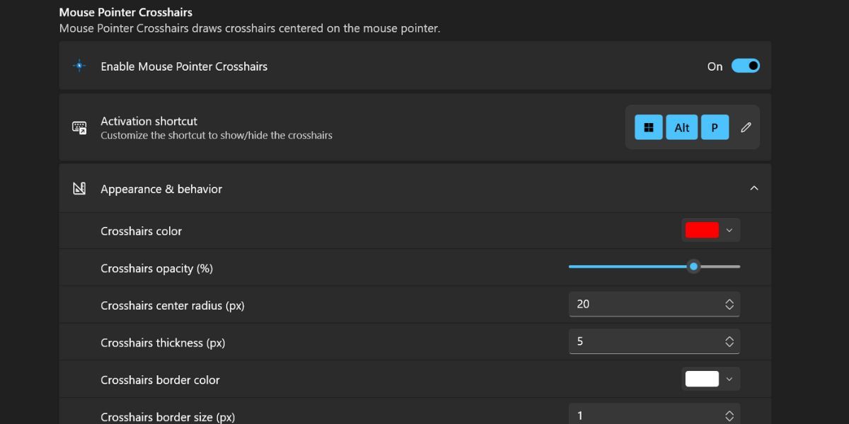Configuring Mouse Pointer Crosshairs in PowerToys 