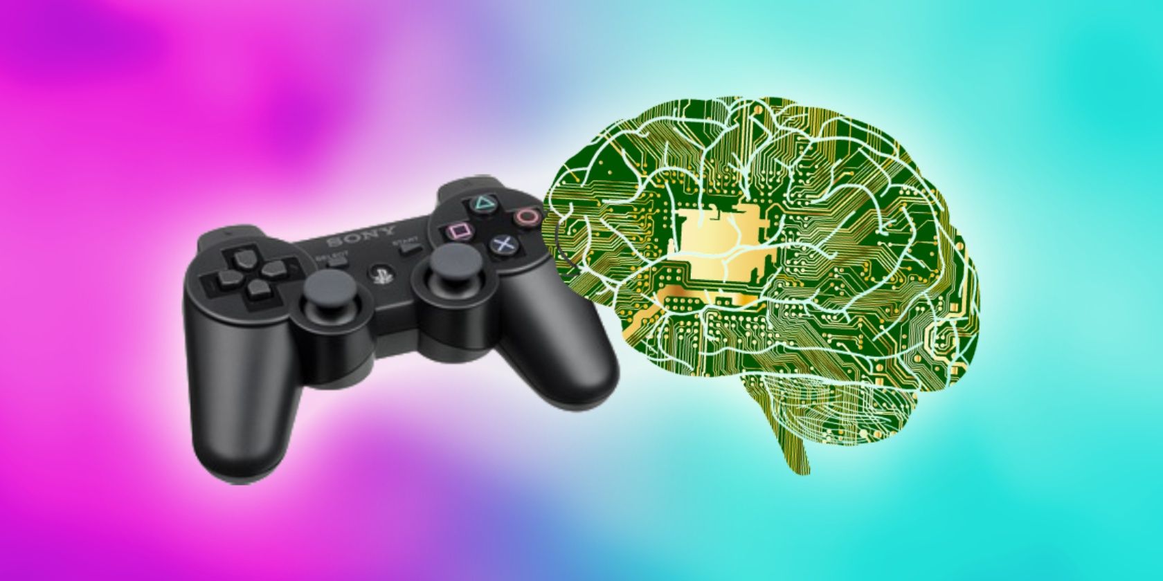 A controller and a circuit-based brain sitting on a cyan/magenta gradiant 