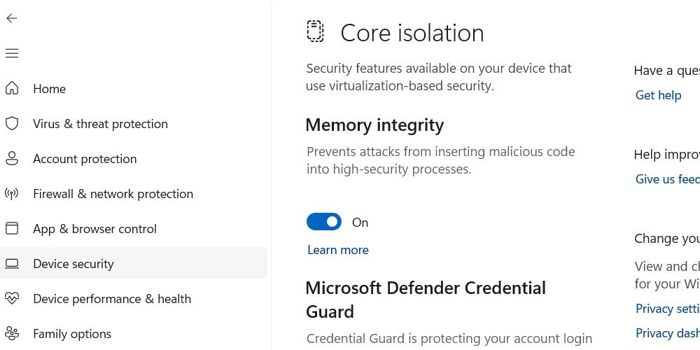 the core isolation memory integrity page in the Windows Security app
