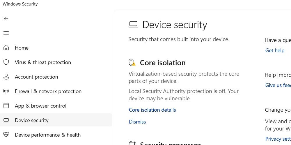 the core isolation page in the Windows Security app