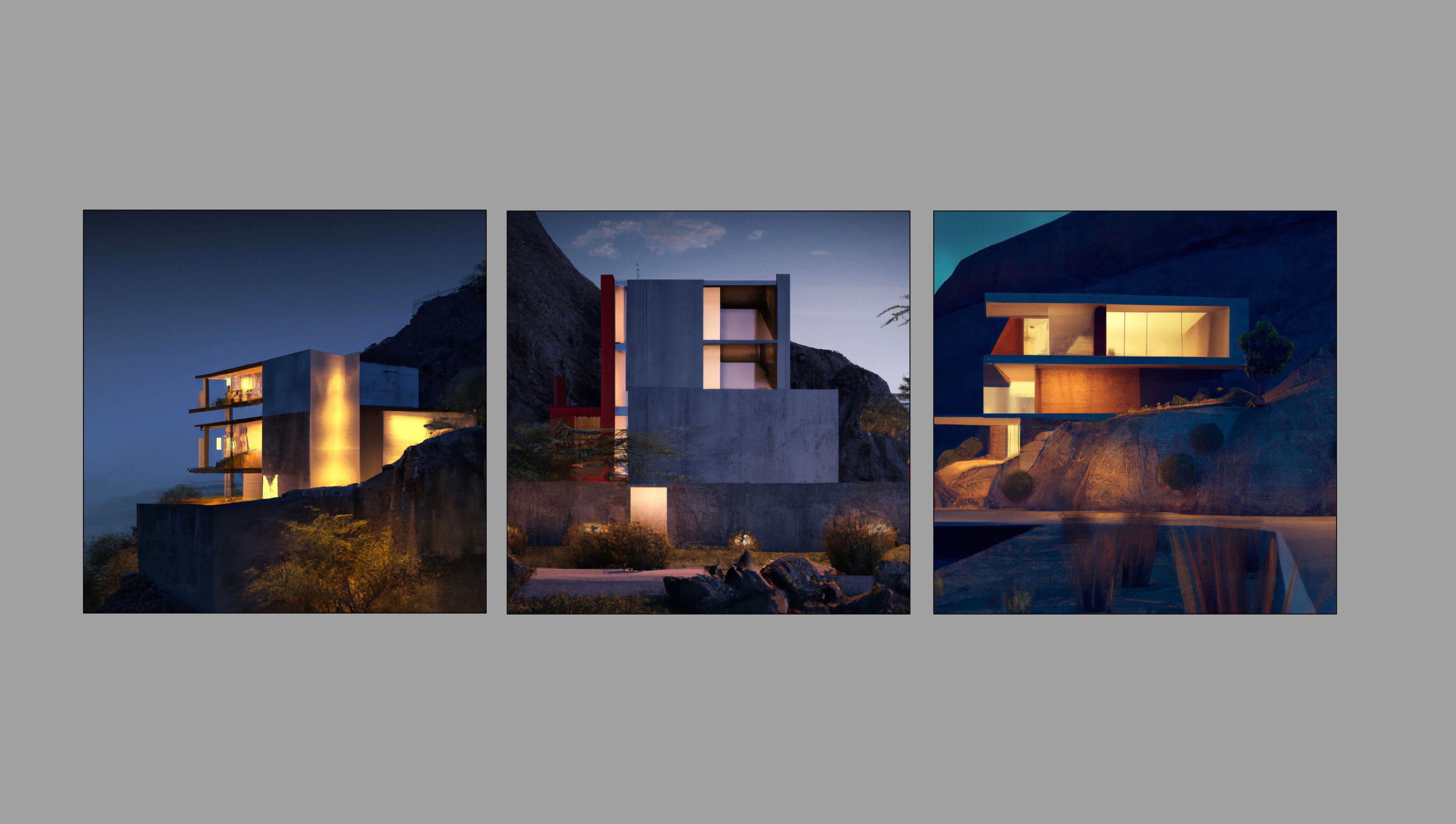 Três imagens de IA de renderizações arquitetônicas criadas usando Dall-E