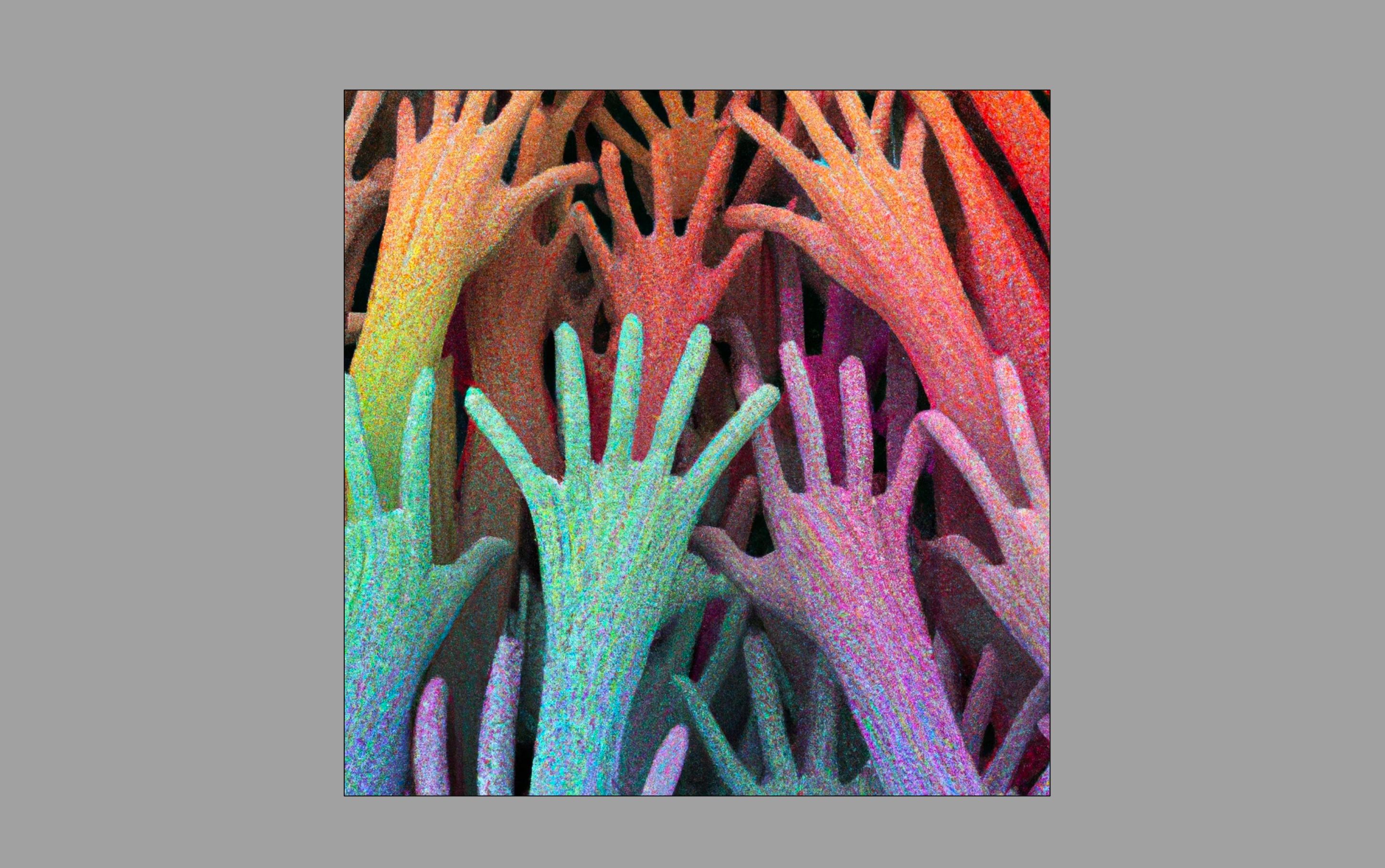 Imagem gerada por IA de mãos coloridas em um estilo de arte generativo feito com Dall-E