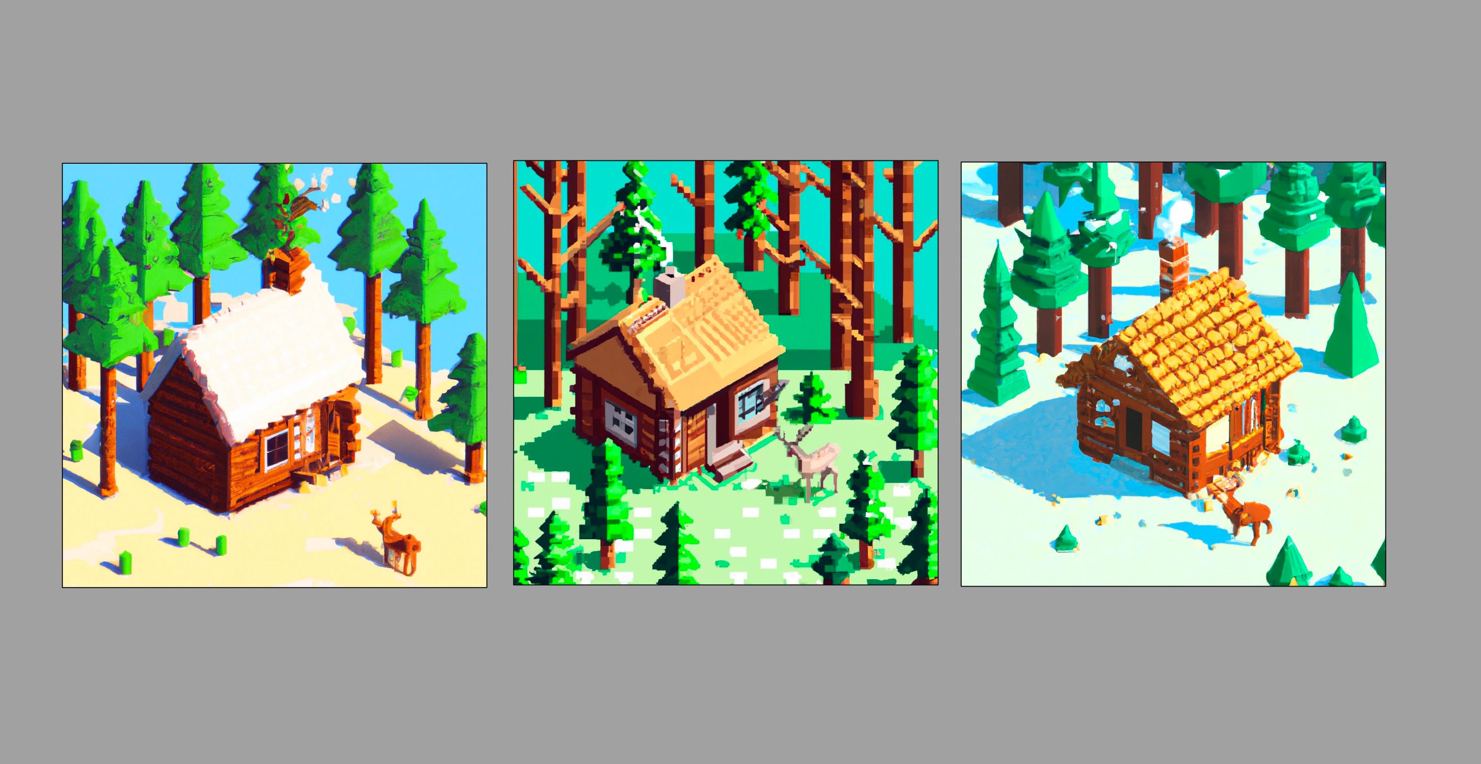 Três imagens pixel art de uma cabana na floresta criadas usando Dall-E