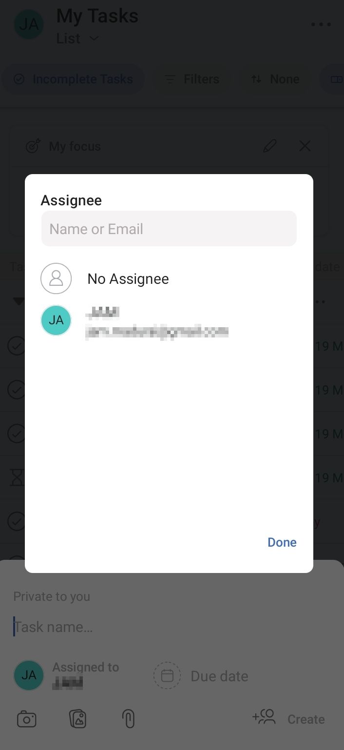 Asana mobile app showing the assignee option for delegation