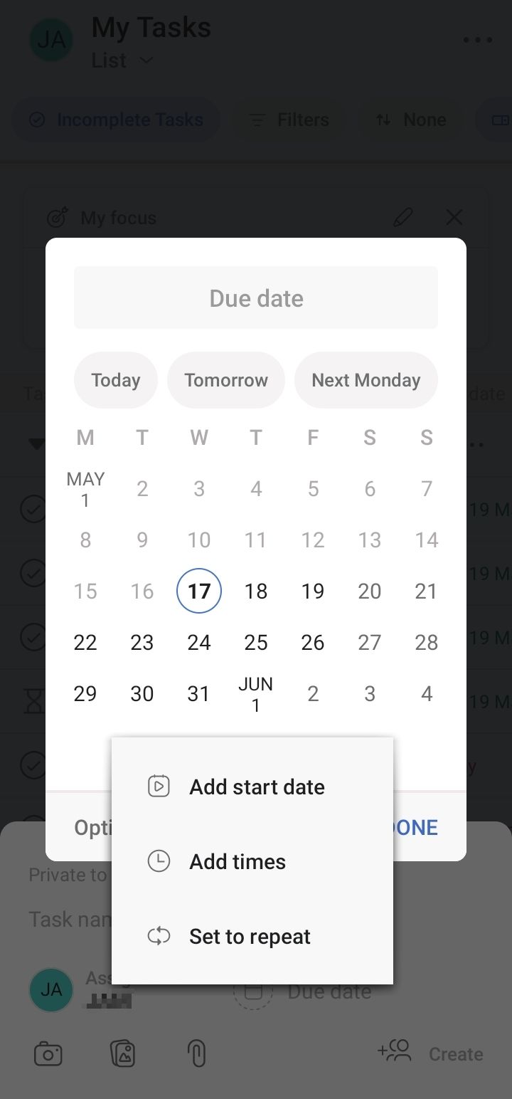 Asana mobile app showing the option for due dates
