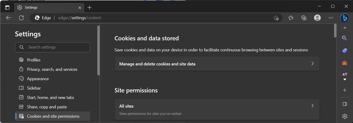 Microsoft Edge cookies and data stores settings