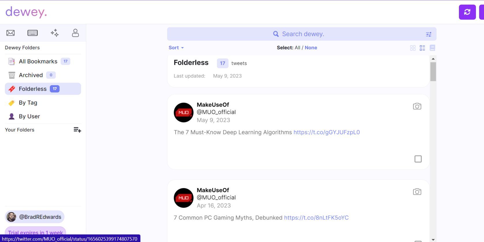 A screenshot of the Dewey dashboard showing a users bookmarked tweets