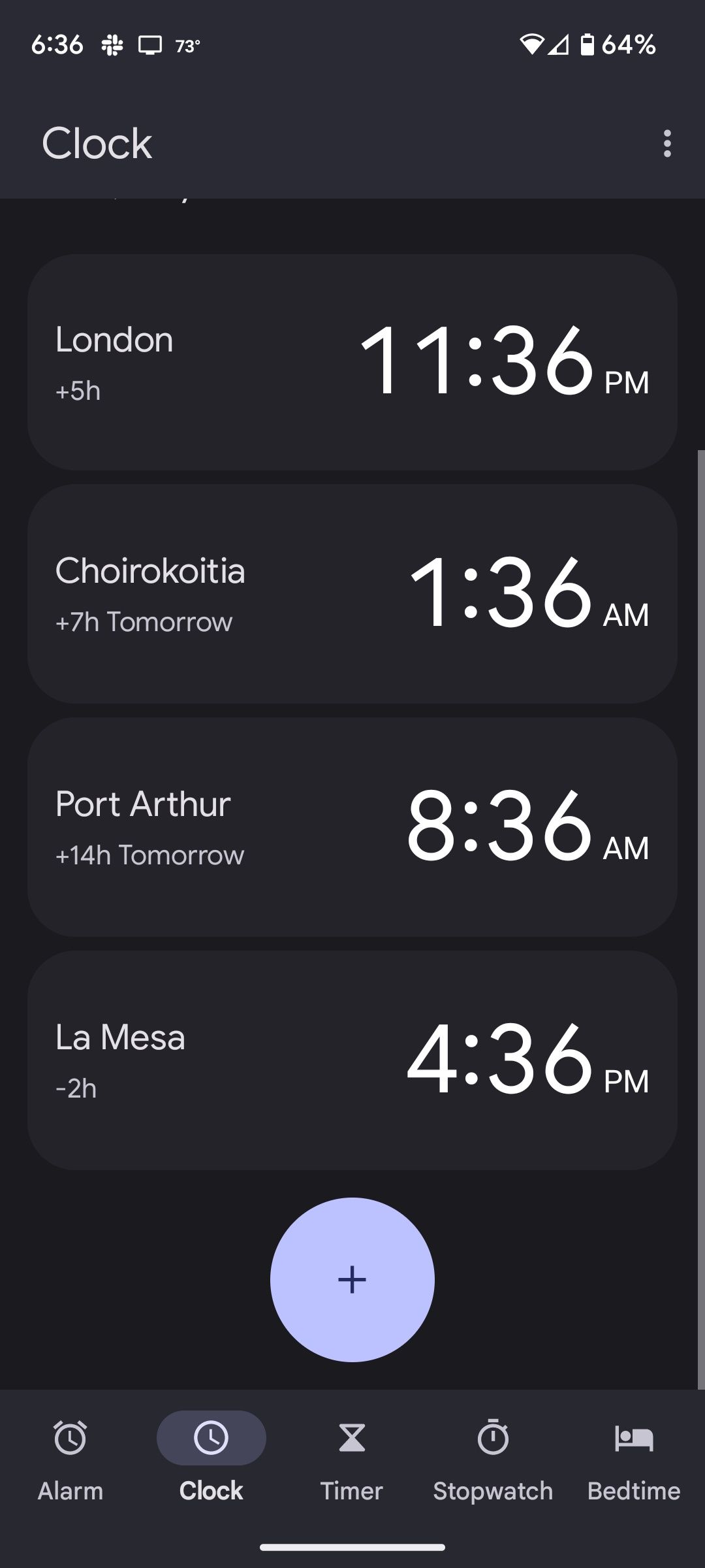 Different cities and time zones in the Android Clock app