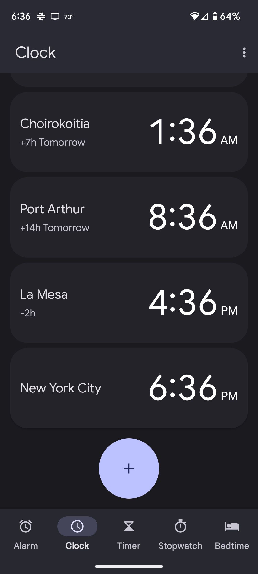 Different cities and time zones represented in the Android Clock app