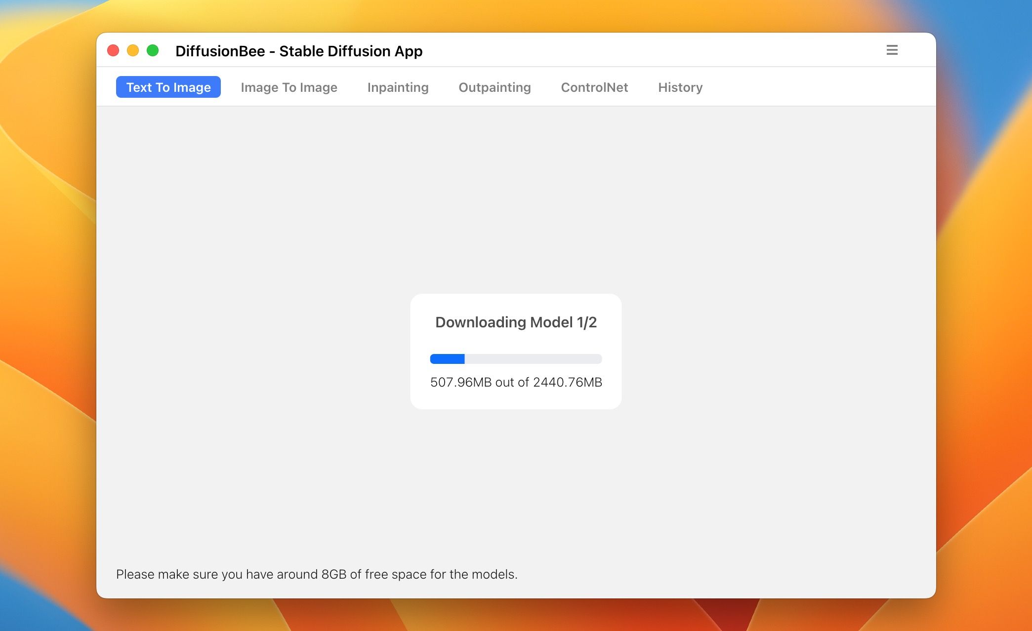 DiffusionBee app downloading the Stable Diffusion model