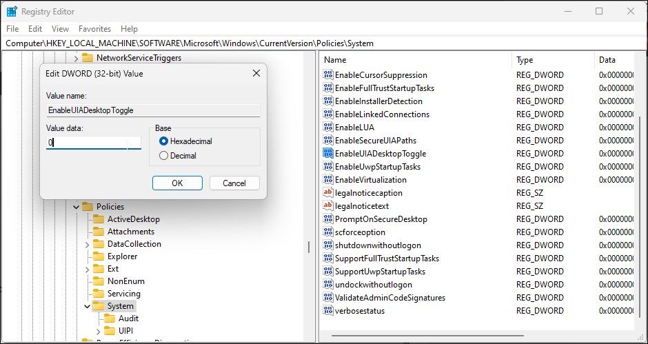 disable enable UI A desktop toggle registry editor value