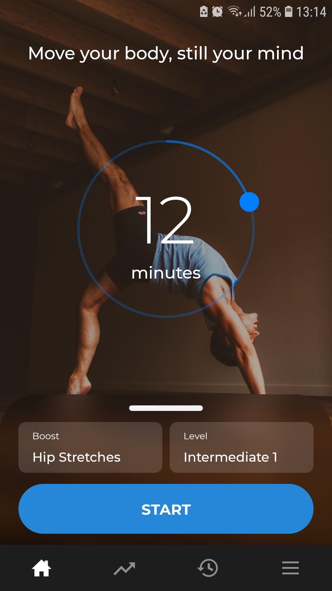 Onglet d'accueil de l'application mobile Down Dog Yoga