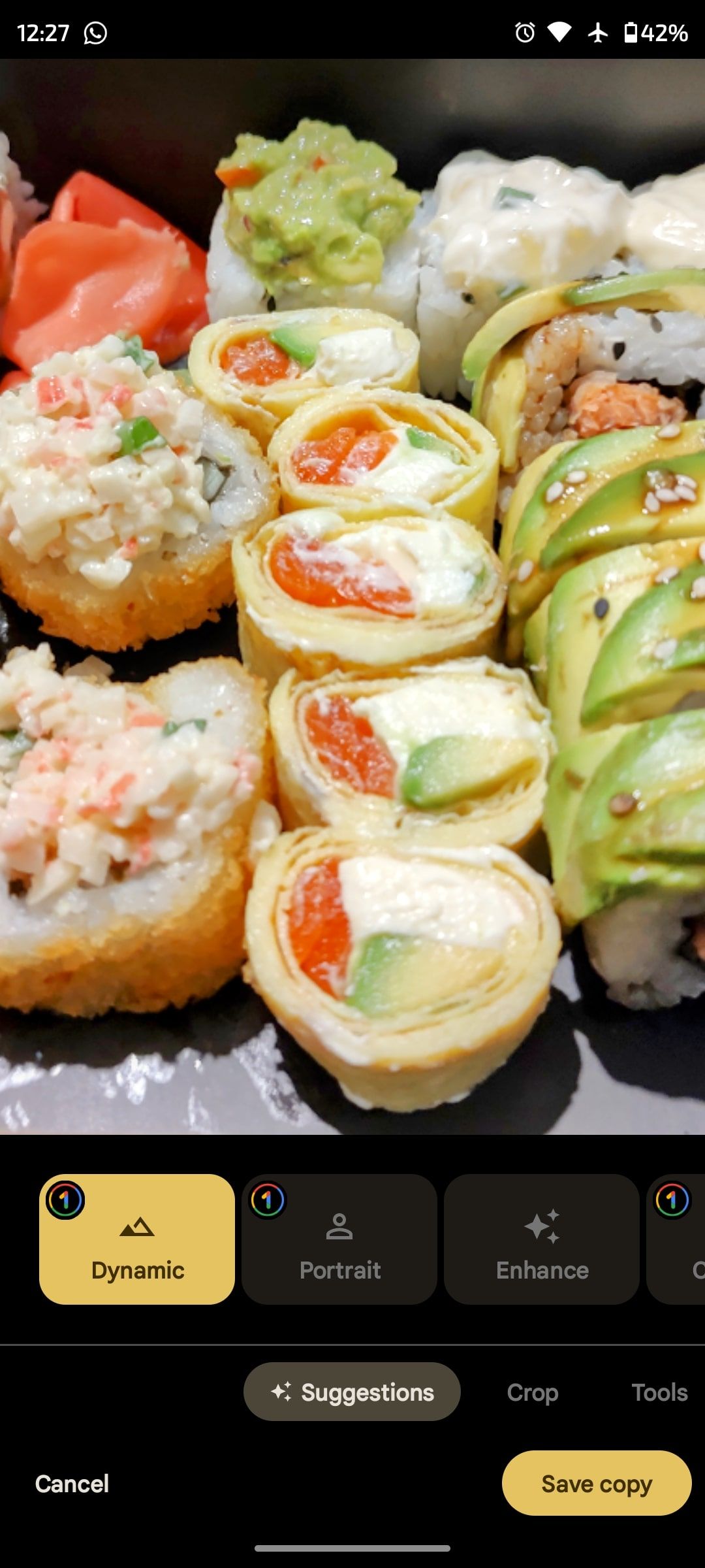 Dynamic filter applied to picture of sushi