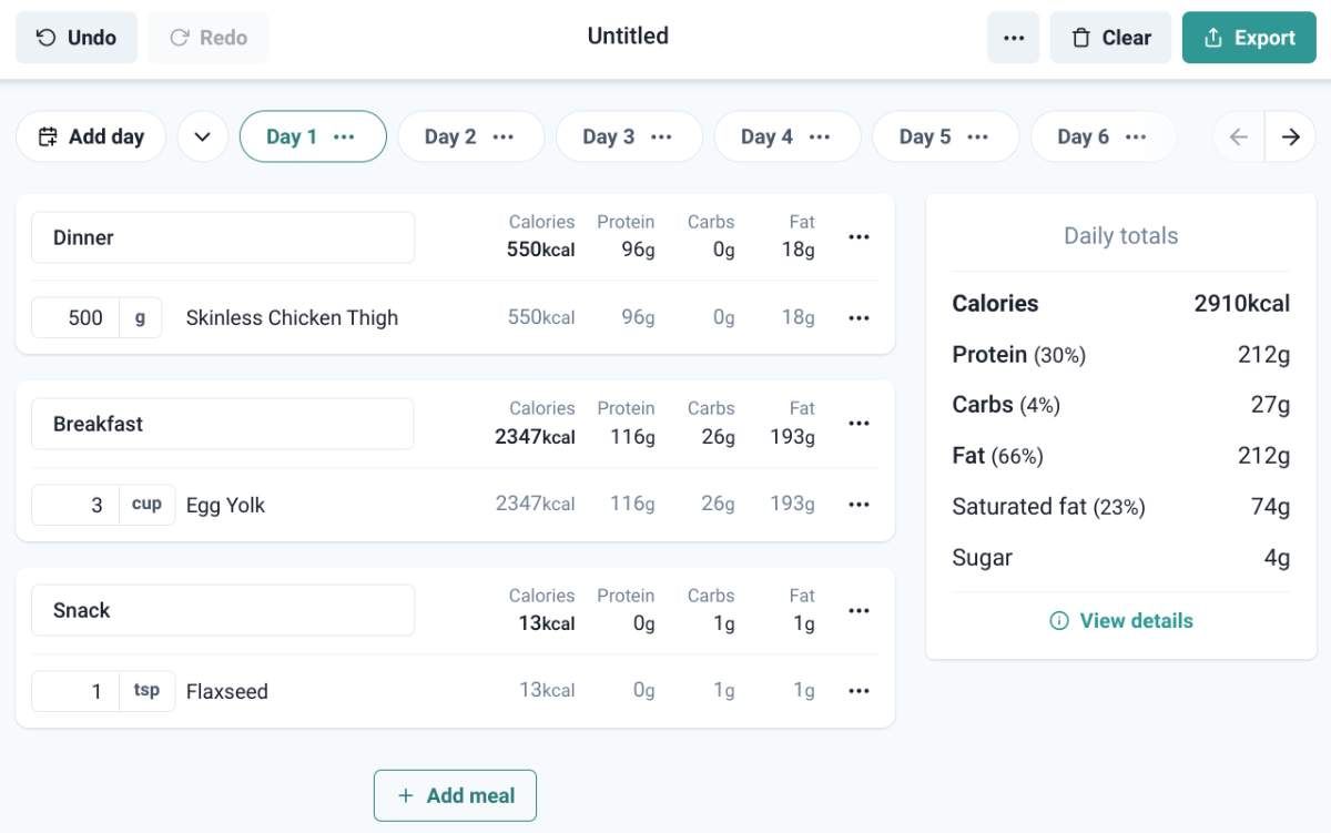 Calories-In is a free meal planning app without any restrictions to chart what you'll eat and get total nutritional information