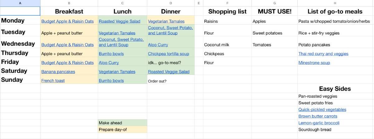 PollyBarks provides a free spreadsheet template as well as a detailed guide on how to meal plan for a week with a zero-waste lifestyle