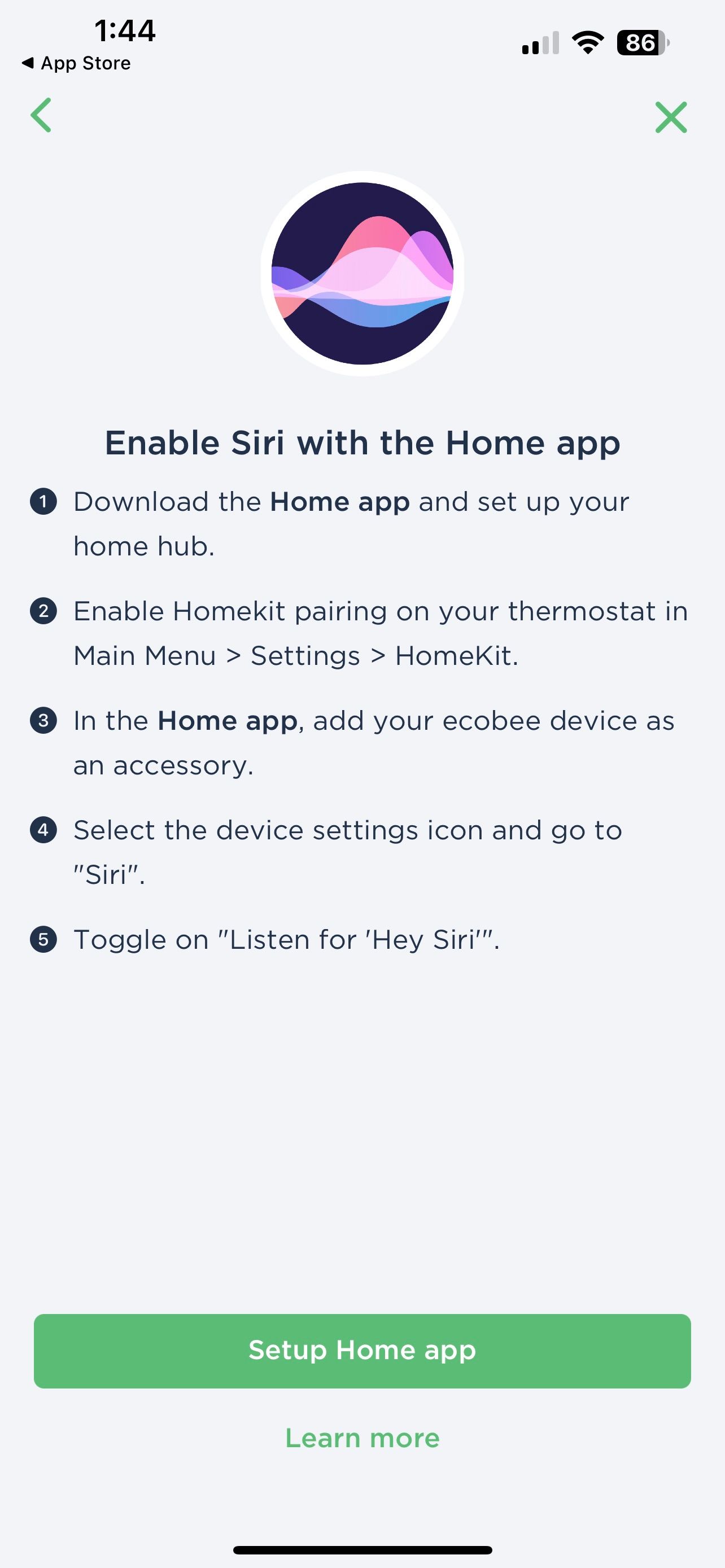 ecobee App Siri Set Up Option