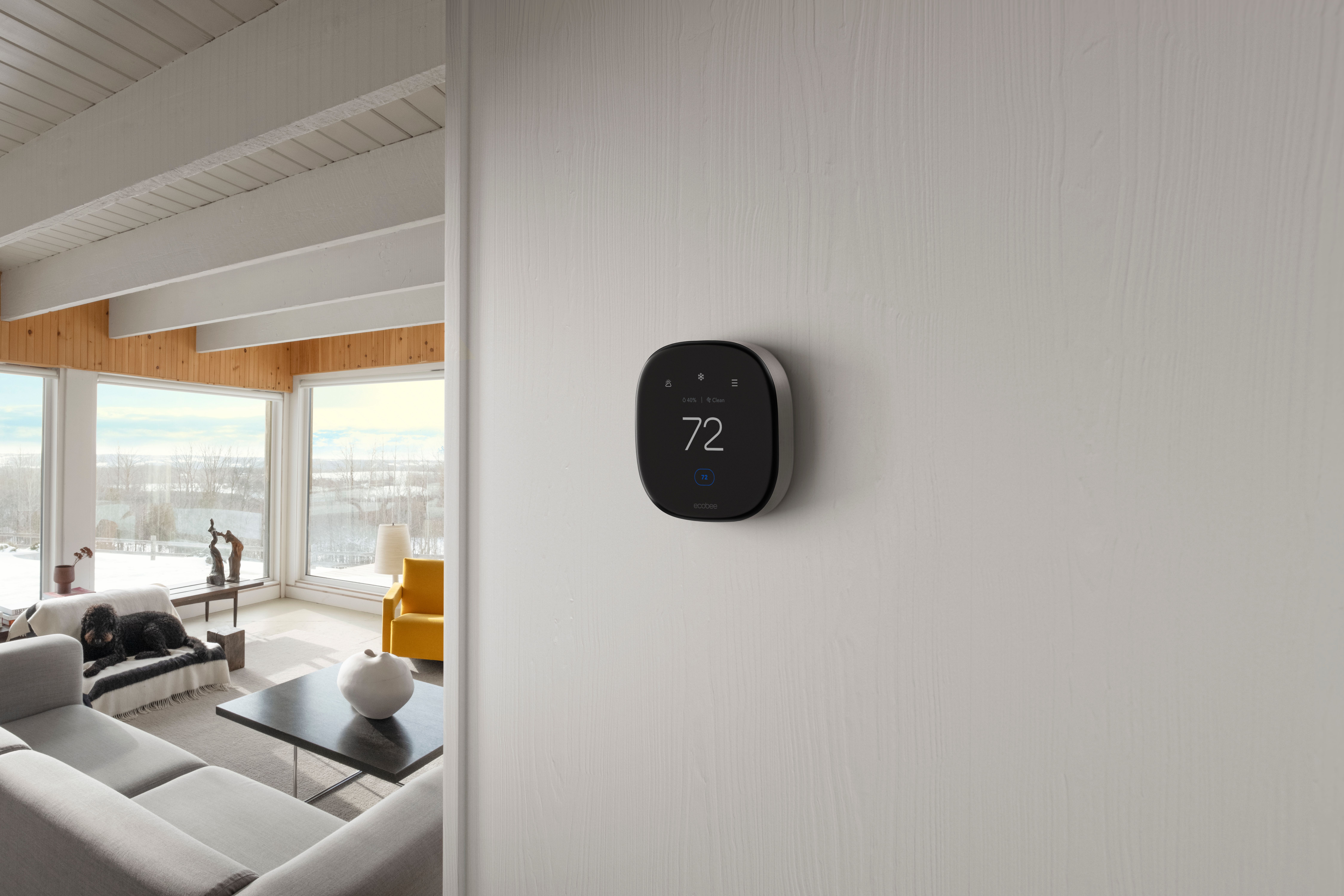 ecobee Smart Thermostat Premium installed in a living room setting