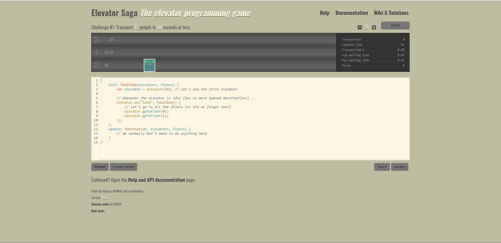 Elevator Saga website interface showing code snippets and buttons