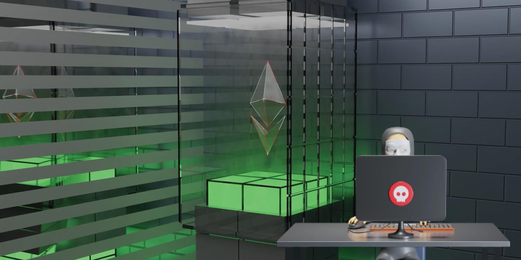 Ethereum symbol on a podium with a robot beside