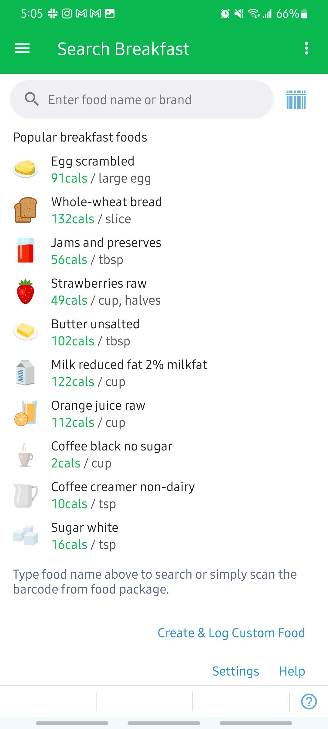 example breakfast foods in mynetdiary app
