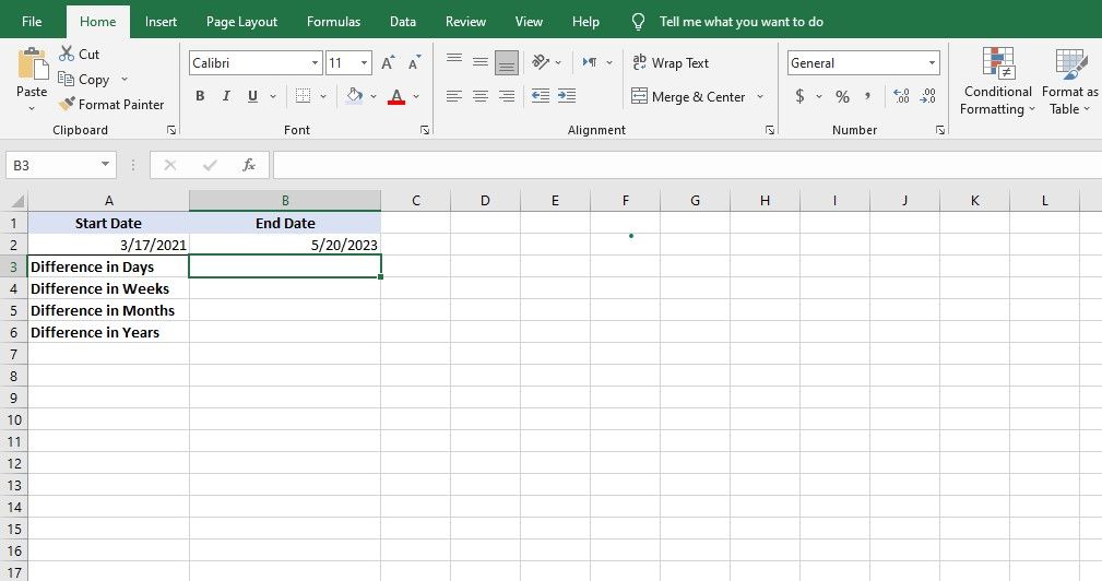 A spreadsheet containing two dates in Excel