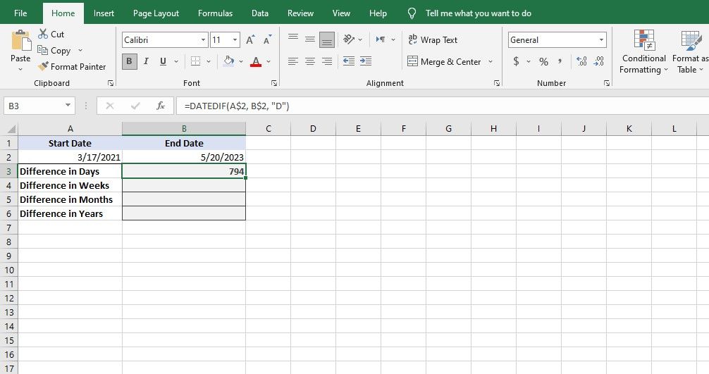 DATEDIF counting the day difference in Excel