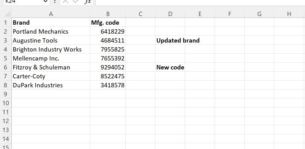 Contoh spreadsheet dengan daftar nama dalam satu kolom dan daftar angka tujuh digit di kolom yang berdekatan.