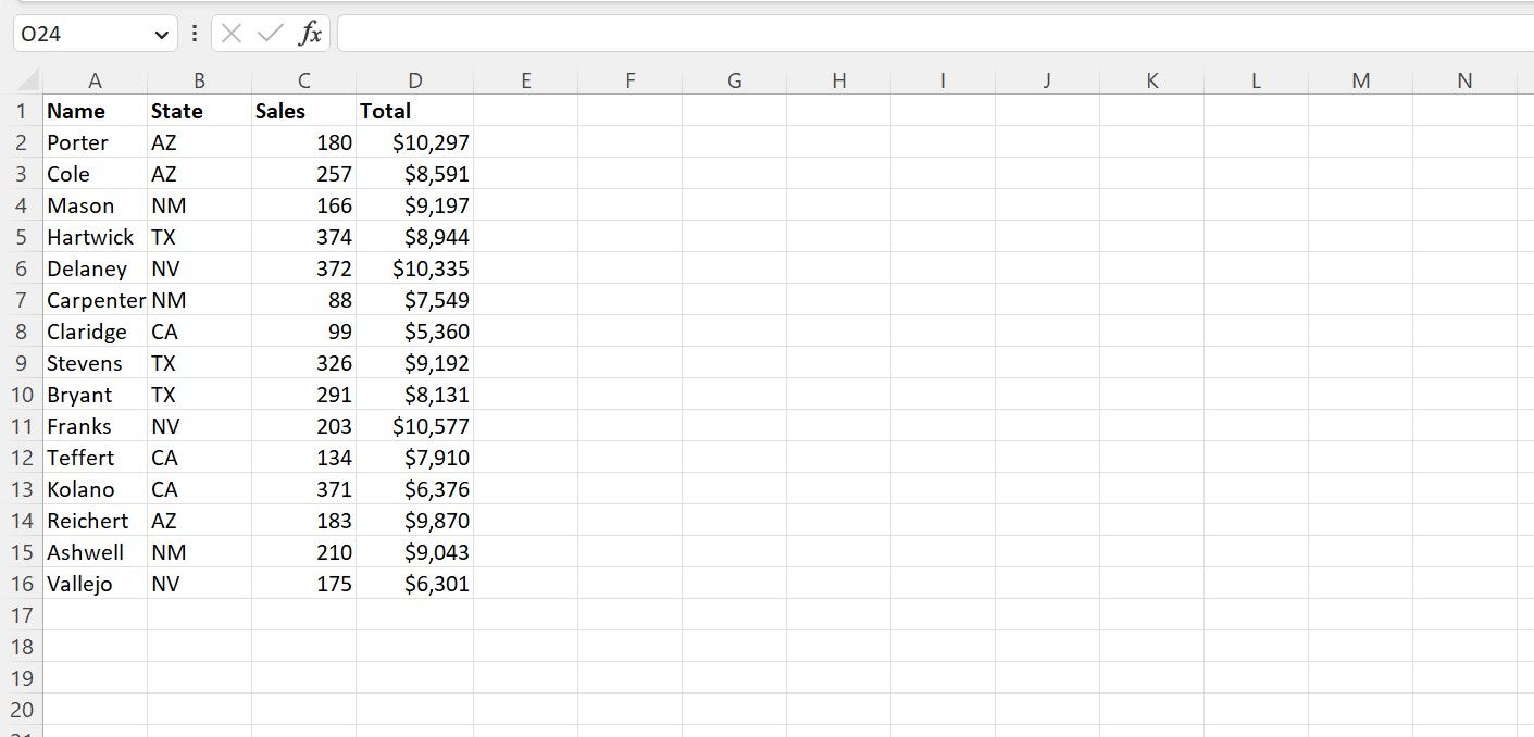 An Excel spreadsheet with four columns filled with data.