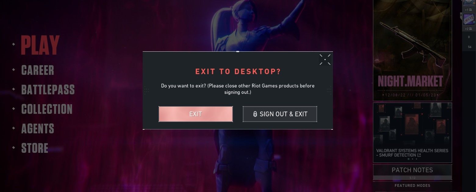 exit to desktop screen valorant