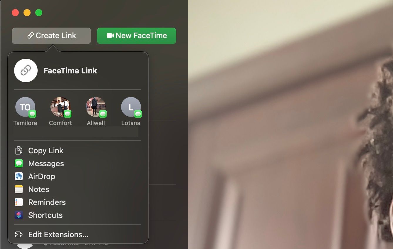 منوی کشویی پیوند FaceTime در macOS