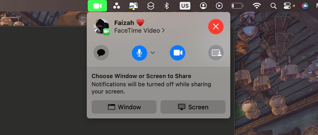 دکمه اشتراک‌گذاری صفحه FaceTime در نوار منو در macOS